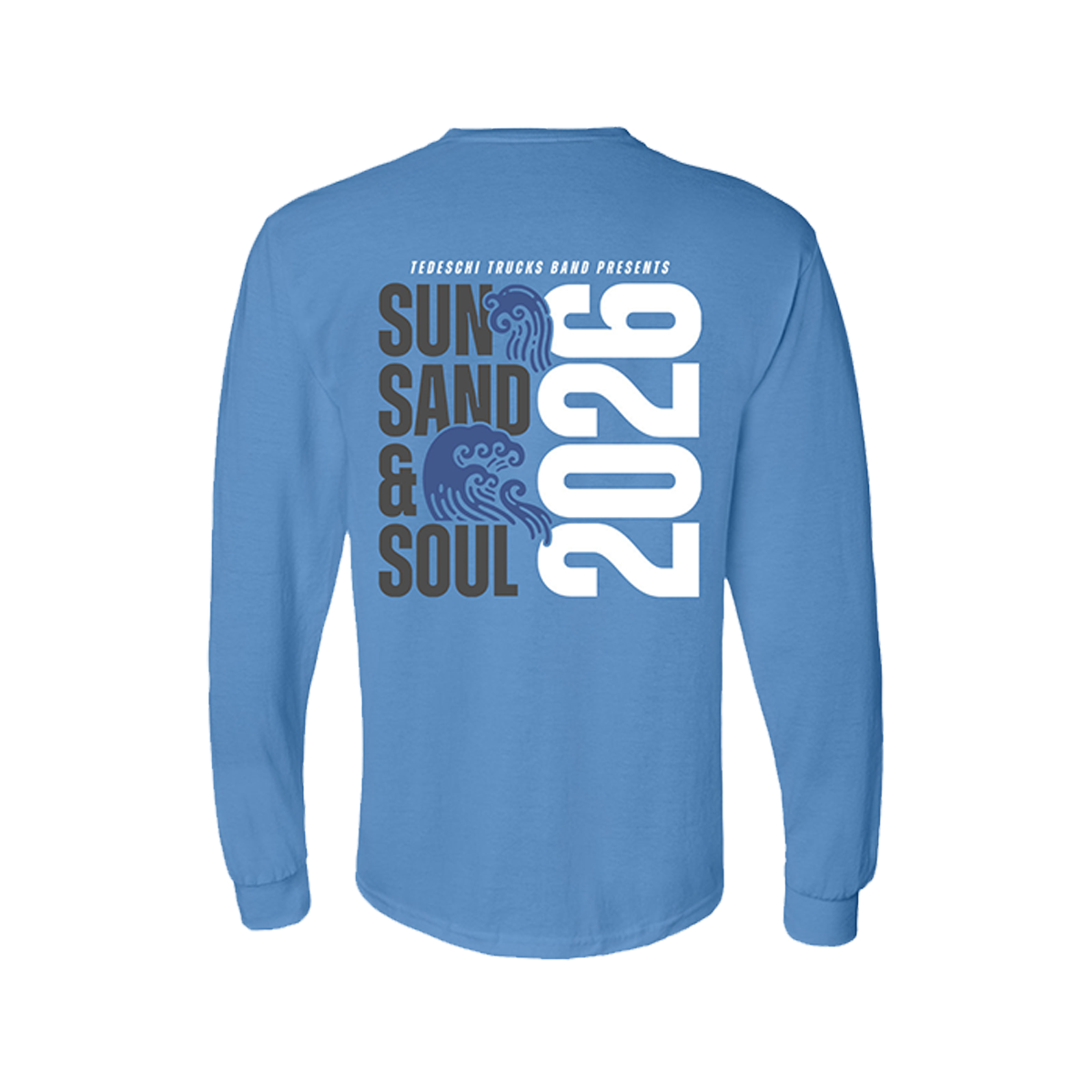 Blue long-sleeve shirt with 'Sun, Sand & Soul 2026' text on the back