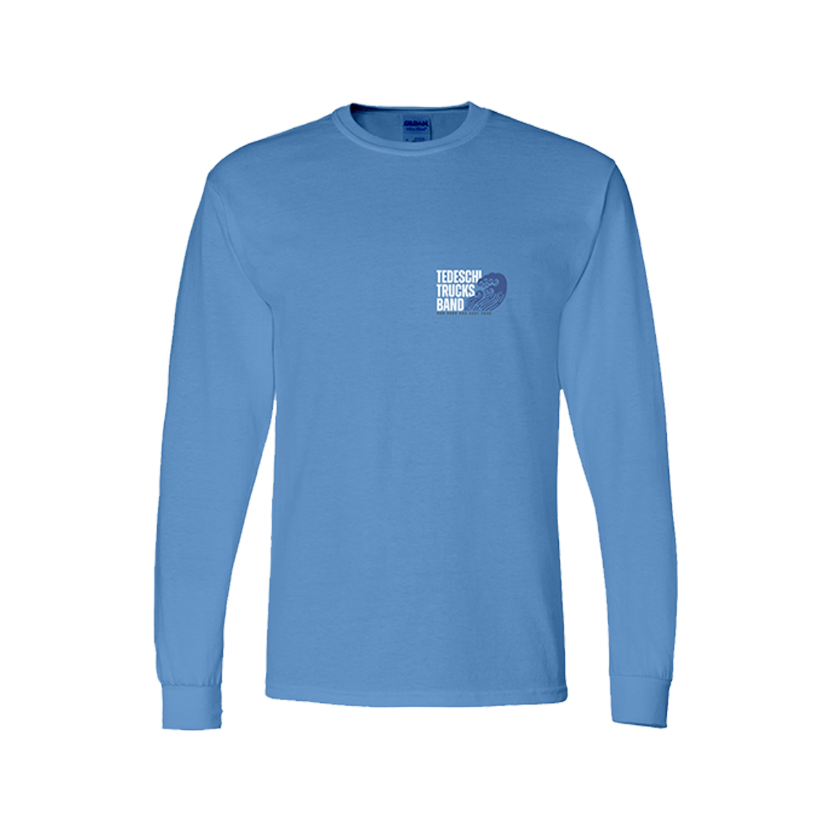Blue long-sleeve shirt with Tedeschi Trucks Band wave logo in white on the upper right side of the chest 