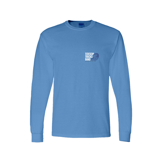 Blue long-sleeve shirt with Tedeschi Trucks Band wave logo in white on the upper right side of the chest 