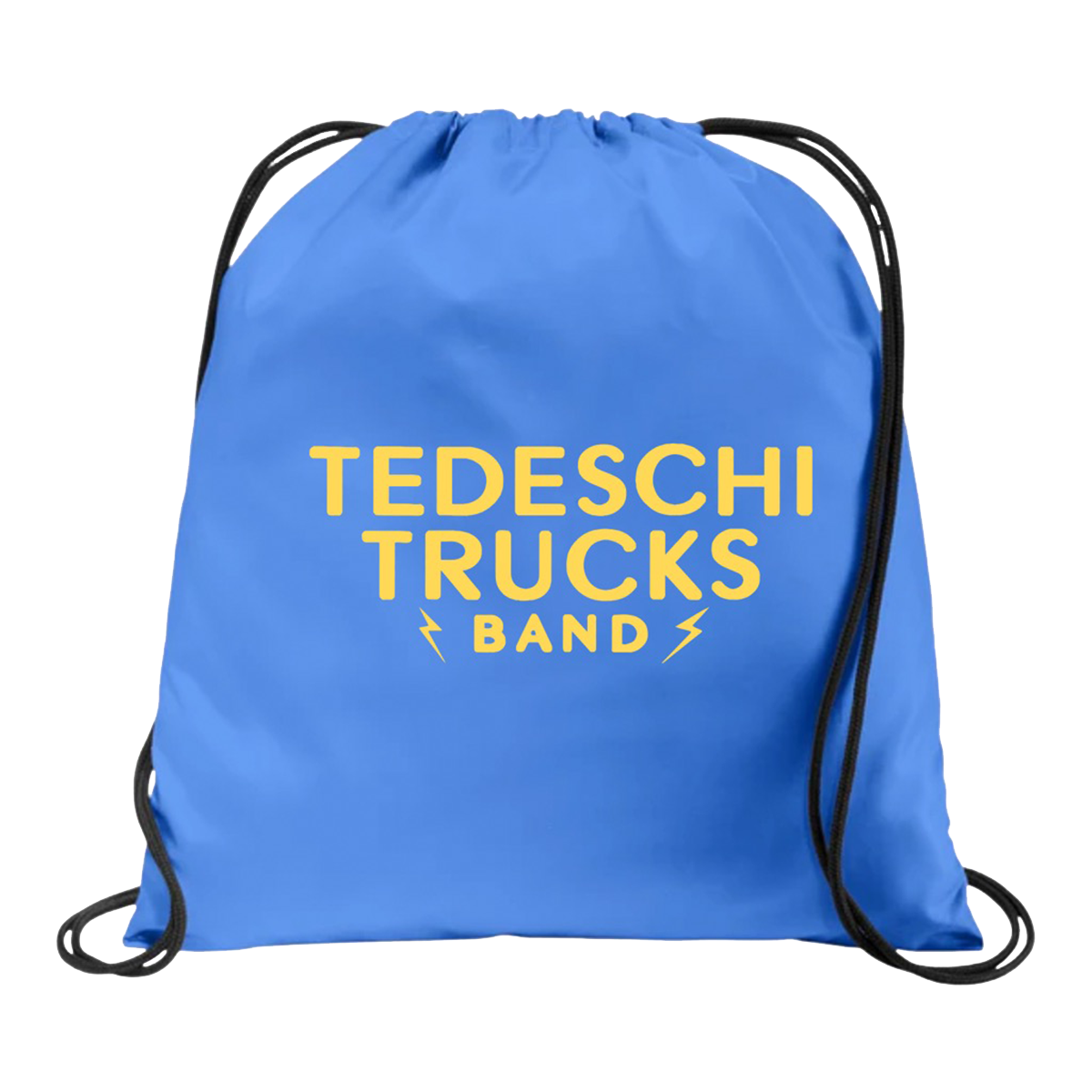 Tedeschi Trucks Band logo in gold on a light blue synch backpack